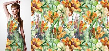 02027 Materiał ze wzorem pomarańczowe ręcznie malowane kwiaty (lilie) na tle ułożonym z zielonych liści i traw